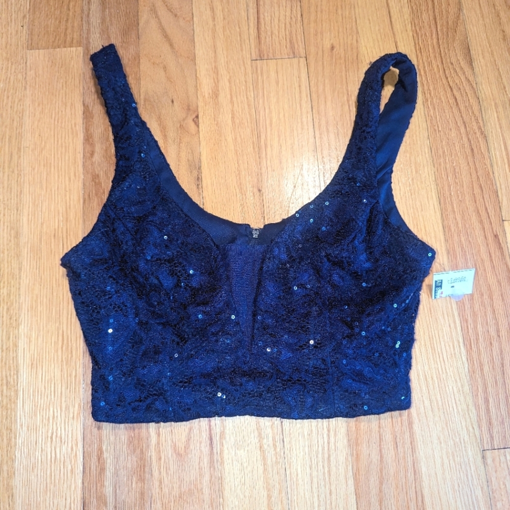 Navy Sequins Cropped Tank Top Mesh V-Neck B. Smart Size 5